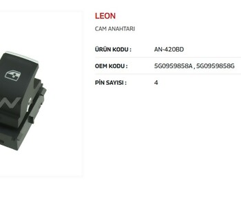 {Katagori} / CAM KALDIRMA ANAHTARI ÇİFTLİ SOL 4 FİŞLİ KROM SEAT LEON  AN420BD KIRMIZI IŞIK  
