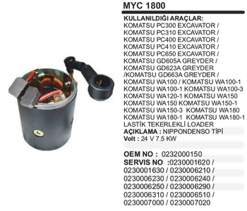 {Katagori} / GÖVDELİ MARŞ YASTIĞI 24V 11.0KW NIKKO TİP KOMATSU PC500    