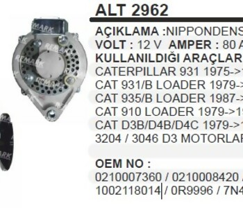 {Katagori} / ALTERNATÖR 12V 80A NİPPONDENSO TİP JOHN DERE TRAKTÖR CATERPİLLER 931B D3B D4B D4C LOADER  