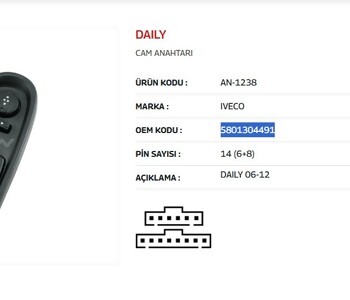 {DepartmanAdi} / CAM KALDIRMA ANAHTARI ÇİFTLİ AYNA ANAHTARLI 14 FİŞLİ İVECO DAİLY 06-12 AN1238 {Ozet}