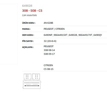 {Katagori} / CAM KALDIRMA ANAHTARI 4 LÜ SOL 32 FİŞLİ AYNA AYARLI PJ308 08-14 PJ508 09-17  C5  08-15  BEJ AN628B 