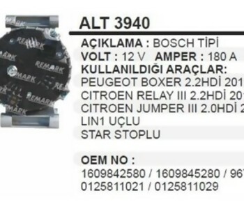 {Katagori} / ALTERNATÖR 12V 180A BOSCH TİP LIN PJ BOXER JUMPER PEUGEOT CİTROEN A0769S 
