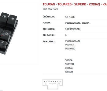 {Katagori} / CAM KALDIRMA ANAHTARI 4 LÜ SOL 8-10 FİŞLİ VW TOURAN TOUAREG SEAT İBİZA ATECA ARONA AN418E BEYAZ 