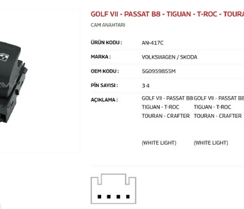 {DepartmanAdi} / CAM KALDIRMA ANAHTARI TEKLİ SAĞ VW POLO SEAT İBİZA LEON ATECA ARONA  AN417C BEYAZ IŞIK {Ozet}