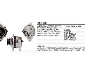 {Katagori} / ALTERNATÖR 12V 80A MİTSUBİSHİ TİP FORD RANGER MAZDA 626 MAZDA 2500 