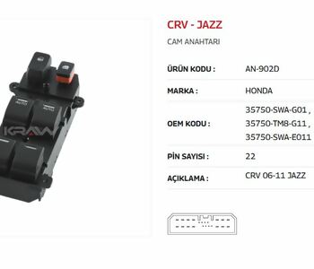 {DepartmanAdi} / CAM KALDIRMA ANAHTARI 4 LÜ 22 FİŞLİ HONDA CRV 06-11   JAZZ  ÇİFT AUTO     AN902D  300902A    {Ozet}