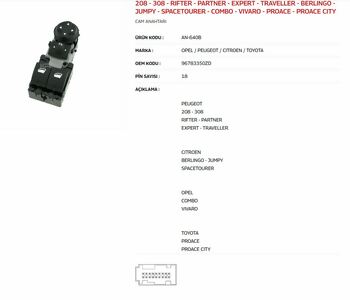 {DepartmanAdi} / CAM KALDIRMA ANAHTARI ÇİFTLİ SOL 18 FİŞLİ PEUGEOT PJ308 PJ3008 C3 C4 PİCASSO GRANDLAND X  AN640B  {Ozet}