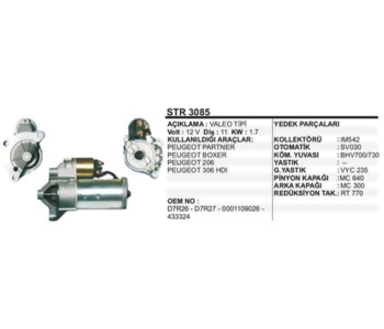{DepartmanAdi} / MARŞ MOTORU 12V 11D 1.1KW VALEO TİP PJ PARTNER PJ206 PJ306 CİTROEN BERLİNGO 2.0  BOXER SCUDO 438068 {Ozet}