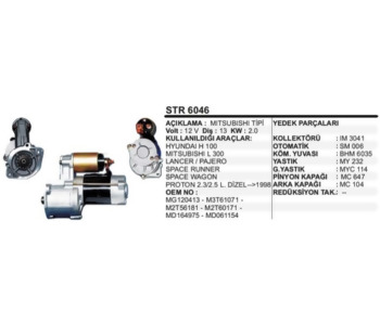 {DepartmanAdi} / MARŞ MOTORU 12V 13D 2.0KW MİTSUBİSHİ TİP L300 EM HYUNDAİ H100 EM {Ozet}