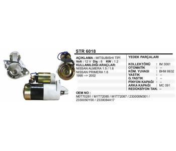 {Katagori} / MARŞ MOTORU 12V 8D 1.2KW MİTSUBİSHİ TİP NİSSAN PRİMERA 1.6 ALMERA 1.5 1.6  