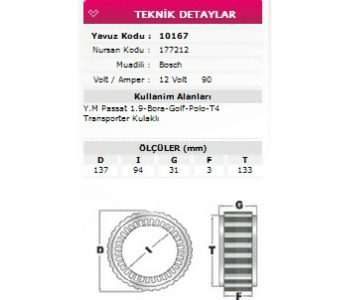 {Katagori} / STATÖR 12V 90A BOSCH TİP PASSAT 1.9 GOLF T4        NURSAN 177212     YAVUZ 10167  12B14 