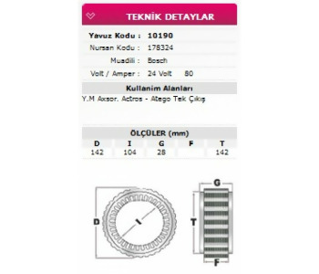 {DepartmanAdi} / STATÖR 24V 80A BOSCH TİP MERCEDES 40AYAK   NURSAN 178324     YAVUZ 10190  24B8 {Ozet}