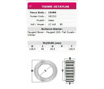 NUR-181312 STATÖR 12V 80A VALEO TİP PJ PARTNER BOXSER    NURSAN 181312     YAVUZ 10486   12V8  