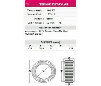 {Katagori} / STATÖR 12V 75A BOSCH TİP BMW OPEL                  NURSAN 177112     YAVUZ 10177    12B5 