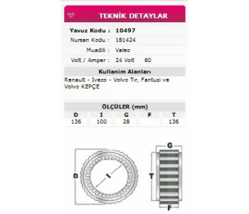 {Katagori} / STATÖR 24V 60A VALEO TİP RENAULT TIR VOLVO KEPÇE     NURSAN 181424     YAVUZ 10497  24V1 