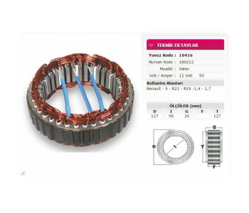 {Katagori} / STATÖR 12V 50A VALEO TİP R9 R19 R21                NURSAN 180212     YAVUZ 10416         12V1 