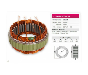 {Katagori} / STATÖR 12V 90A HİTACHİ TİP ISUZU D-MAX 3000 MOTOR KLİMALI 2008--  NURSAN 140412     YAVUZ 10201     