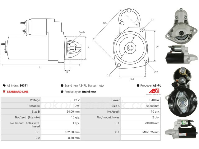 ASPL-S0311 MARŞ MOTORU 12V 10D 1.4KW BOSCH TİP STAR STOP EURO6 ALFA ROMEO DOBLO 1.3 DOBLO 2 LİNEA 2  