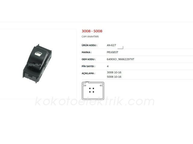 KRAW-AN627 CAM KALDIRMA ANAHTARI TEKLİ 4 FİŞLİ PEUGEOUT 3008 5008  