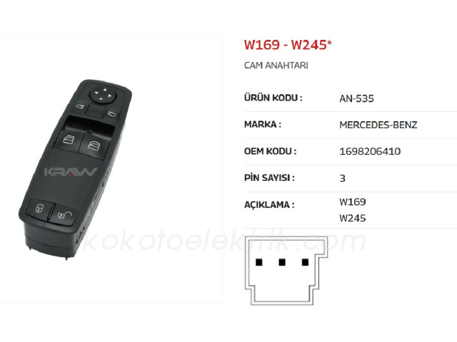 KRAW-AN535 CAM KALDIRMA ANAHTARI ÇİFTLİ SOL  MERCEDES W169 W245     MCAR-AN535 