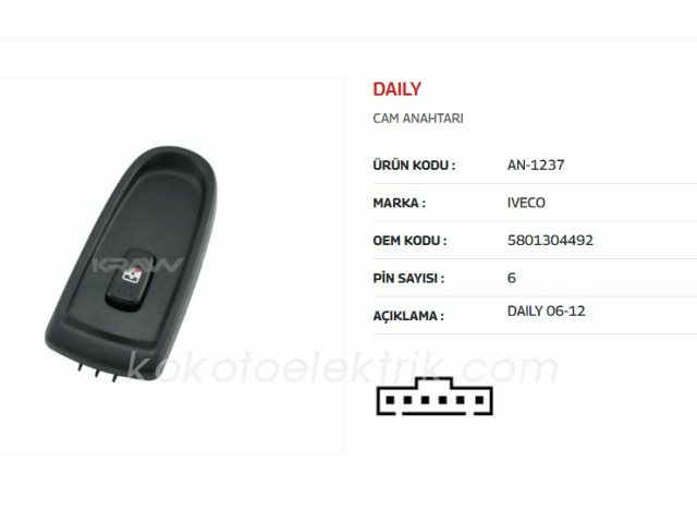 KRAW-AN1237 CAM KALDIRMA ANAHTARI TEKLİ SAĞ 6 FİŞLİ İVECO DAİLY  AN-1237 