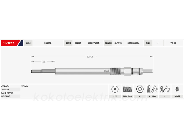 BERU-0100276006 KIZDIRMA BUJİSİ 11V B127.6-B25  GX4126  C5 C6 2.7 PJ407 PJ607 VOLVO S60 S80 V70 JAGUAR LAND ROVER 
